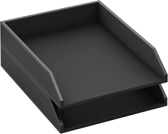 Leather Letter Tray, Thipoten Stackable Desk Organizer Holder for Office Supplies, Paper, File, Magazine, Perfect Office Organization for Desktop (Black-2Tiers)