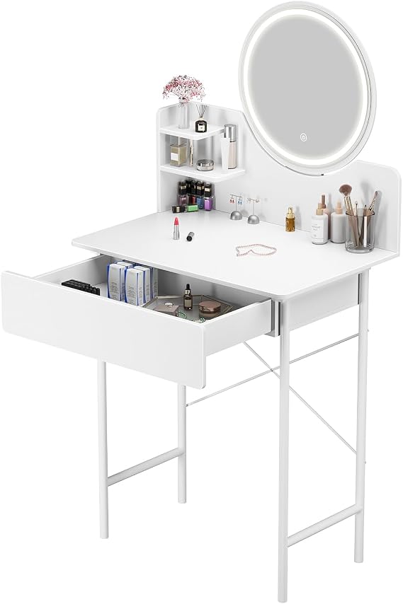 Vanity Desk- Vanity Desk with Mirror and Lights, 3 Lighting Color Adjustable, Dressing Table Makeup Table with Storage Drawers, for Bedroom