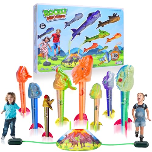 Gizzjoy Dinosaur Rocket Launcher for Kids - Launch Up to 100 Ft, 8 Rockets and 2 Pads for Multi-Player, Dinosaur Toys, Birthday Gift Ideas, for 3 4 5 6 7 Year Old Boys, Outdoor Outside