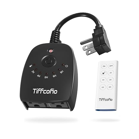 TiFFCOFiO Outdoor Light Timer Waterproof, Remote Control Dusk to Dawn Light Sensor Timer, 100 FT Range, Plug in, 2 Grounded Outlets for Home and Garden, 15A/1875W, ETL Listed