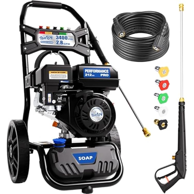 TOOLCY 3400 PSI Gas Pressure Washer, High-Performance 212cc OHV Engine, Reinforced Pump. Onboard Soap Tank, 30FT Hose, Spray Gun & 5 Nozzles, Max 2.8 GPM, Cars Homes Patios Fences Driveways