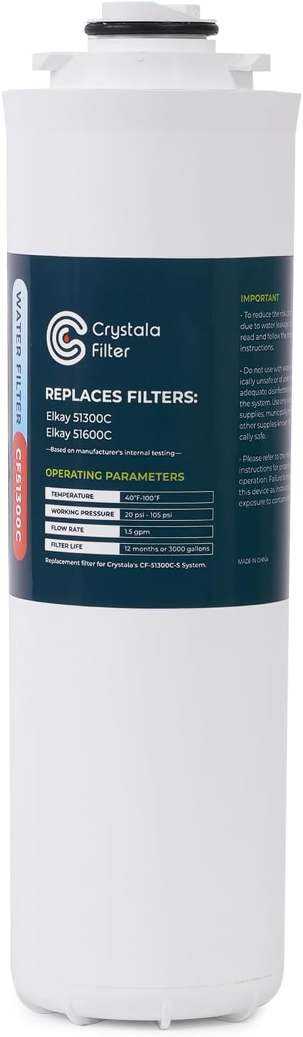 Crystala Filters 51300C Water Filter Compatible with Elkay Halsey, 1-Pack