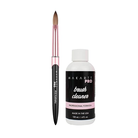 MakarttPro Kolinsky Acrylic Nail Brush and Brush Cleaner Bundle Size #10, Professional Acrylic Brush with Durable Resistant Handle and Acetone-Free Cleaner for Smooth Application and Long Brush Life