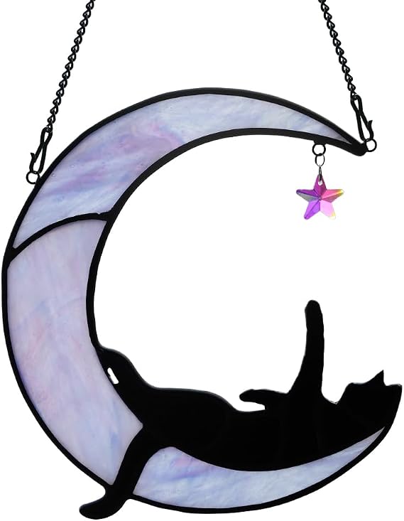 BOXCASA Black Cat Stianed Glass Suncatcher for Windows, Witchy Cat Gifts