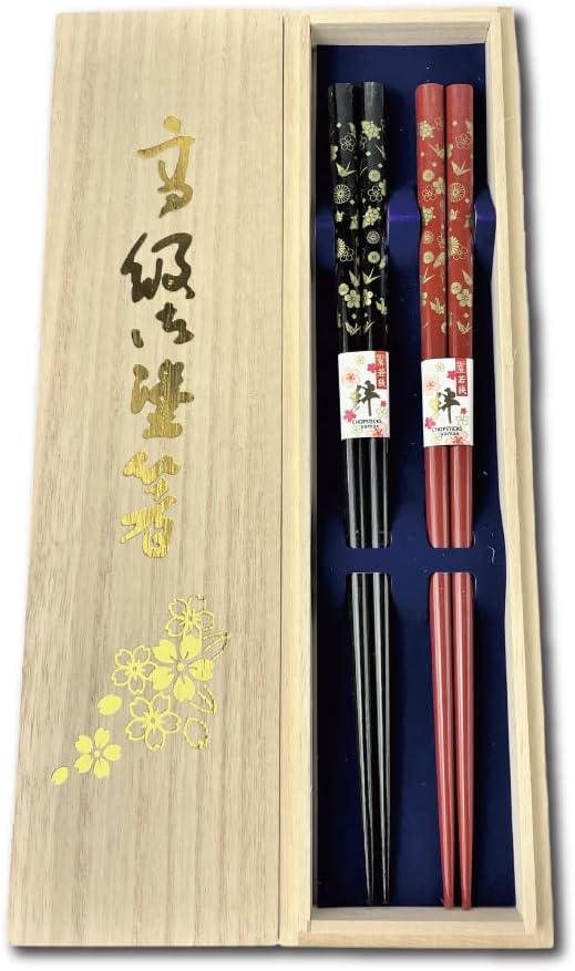 Premium Japanese Chopsticks Reusable 2prs Set [ Made in Japan ] Traditional Lacquer Art Wooden Chopsticks B (Crane&Turtle BK/RD(2KR005))