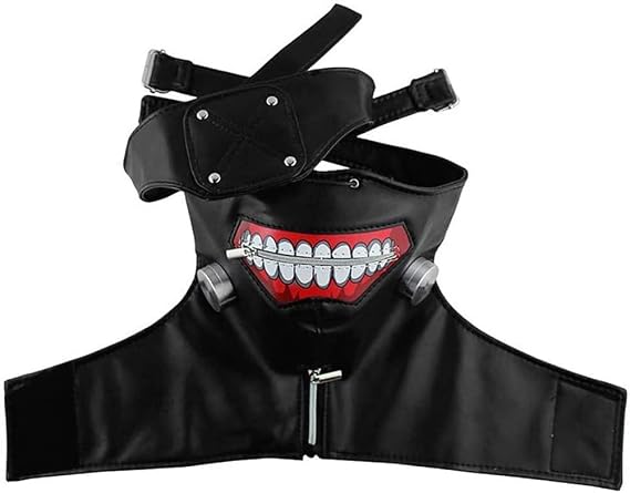 3D-Maske Tokyo Ghoul Cosplay-Maske Halloween-Kostüm PU-Leder Ken Kaneki Maske verstellbar schreckliche Maske mit Reißverschluss mit abnehmbarer Augenklappe Halbmaske mit Perücke für Erwachsene
