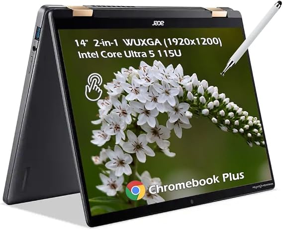 Acer Chromebook Plus Spin 514 2-in-1 14" Touchscreen Laptop, Intel Core Ultra 5 115U, 8GB LPDDR5X, 1TB Pcle SSD, Backlit KB, Wi-Fi6E, Bluetooth 5.3, Chrome OS, Steel Gray, w/Stylus Pen, W/GaLiMu