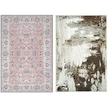 Washable Area Rug 5x7 Pink Boho Rugs for Bedroom Living Room Non Slip Vintage Floral Rug and 5x7 Modern Abstract Area Rug for Living Room Brown Bundled
