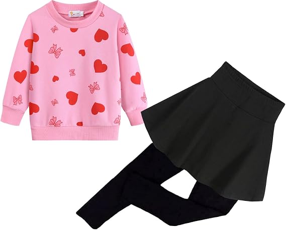 DDSOL Toddler Girl Clothes Set Valentine Day Outfit Pink Red Love Heart Sweatshirt Top Legging Pant Skirt Kid Fall Clothing