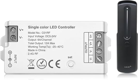 2.4GHz RF Single ColorLED Strip Controller Remote Kit | Wireless Remote & Controller Dimmer with Group Control Adjust Brightness/Color Touch Slide for PWM 2Pin COB LED Strip Light