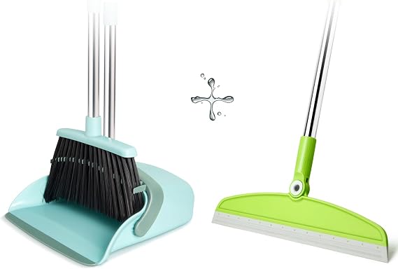 Broom and Dustpan Set+Silicone Air Broom, Multifunction Broom with Long Handle,Adjustable Rubber Squeegee Sweeping Water for Indoor Hardwood Floors,Kitchen,Concrete Floor(Gray Green)