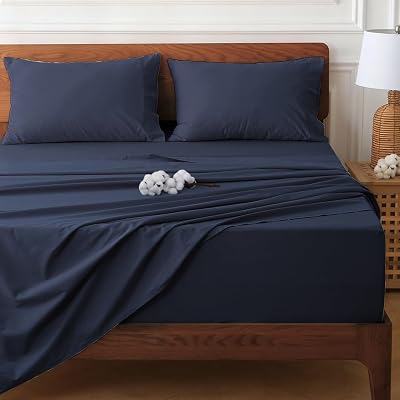 HYPREST Extra Deep Pocket Queen Sheet Sets Fits 18-24 in Thick Mattress -100% Cotton Queen Sheet Set,Navy Blue Sheets Soft Wrinkle Free Cooling Sheet Sets for Queen Bed Deep Pocket