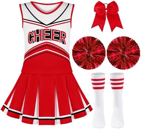 Cheerleader Costume for Girls 6-12Y Halloween Cheerleading Outfit 5Pcs Cheer Uniform Fancy Dress for PartySports Day