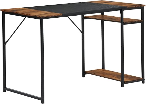 FurnitureR 47.2 inch Study Writing Table with Storage Shelves Space Saving for Home Office, Modern Simple Style PC Metal Frame Computer Desk, Black&Brown