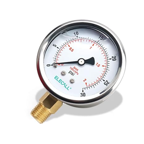 2-1/2 Glycerin Liquid Filled Air Pressure Gauge, 0-30Psi, 1/4NPT Lower Mount, Stainless Steel Case, Brass Internals, Water Pressure Gauge