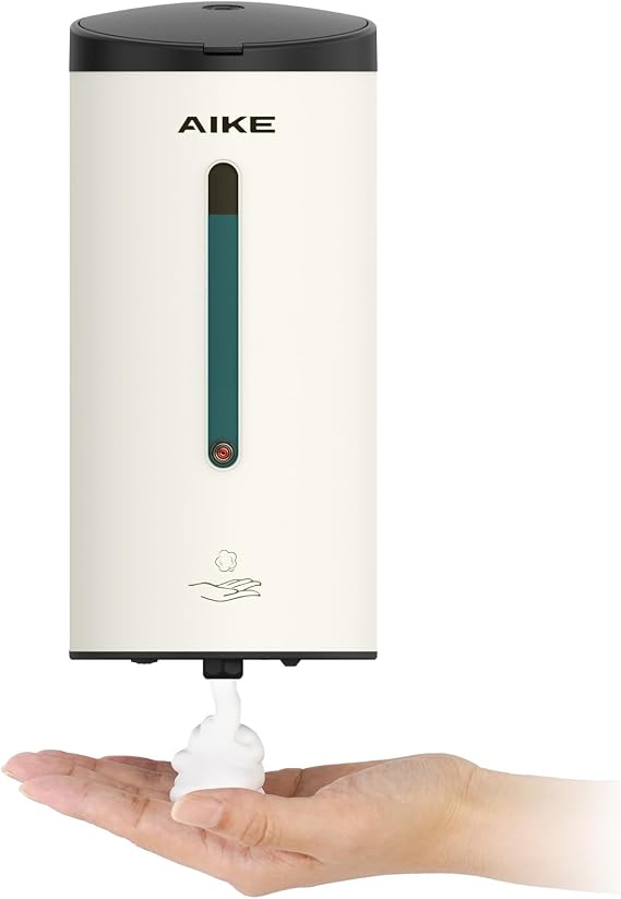 AIKE Automatic Foaming Soap Dispenser 25oz for Bathroom,Mattewhite AK1205FA | Rich Foam and Stainless Steel,No-drill and Screw Wall Mount,5-Level Adjustable and Key for Commercial(Batteries Not Included)