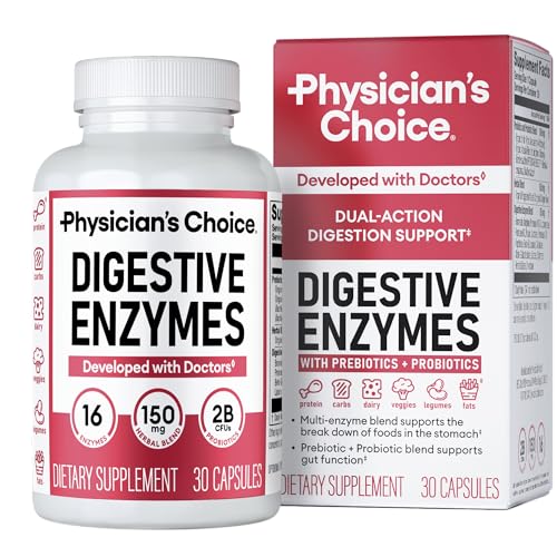 Physicians CHOICE Digestive Enzymes for Bloating & Digestion - Fast-Acting 16 Enzyme Formula with Organic Prebiotics & Probiotics for Gut & Digestive Health - Meal Time Discomfort Relief - 30 CT
