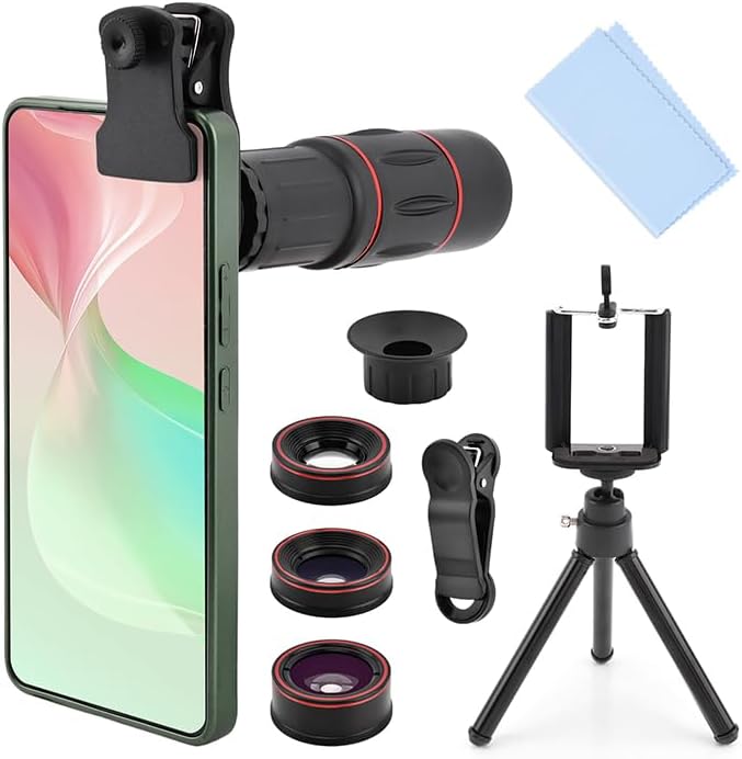 Phone Camera Lens Kit 4 in 1, Phone Photography Kit with Flexible Phone Tripod, 18X Telephoto Lens, 25X Macro Lens, Fisheye & Wide Angle Lens Compatible with iPhoneSamsung/Android Smartphones