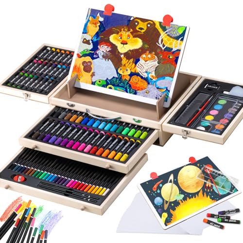 Art Supplies, Deluxe Kids Art Set with Drawing Easel, Crafts Kit in Portable Wooden Case, Oil Pastels, Colored Pencils, Watercolor Cakes, Sketch Paper, Creative Gift for Teens Beginners Girls Boys