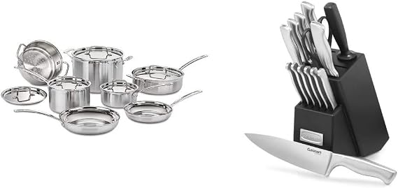 Cuisinart 12 Piece Cookware Set, MultiClad Pro Triple Ply, Silver, MCP-12N and CUISINART Block Knife Set, 15pc Ultra Ultra- Sharp Cutlery Knife Set