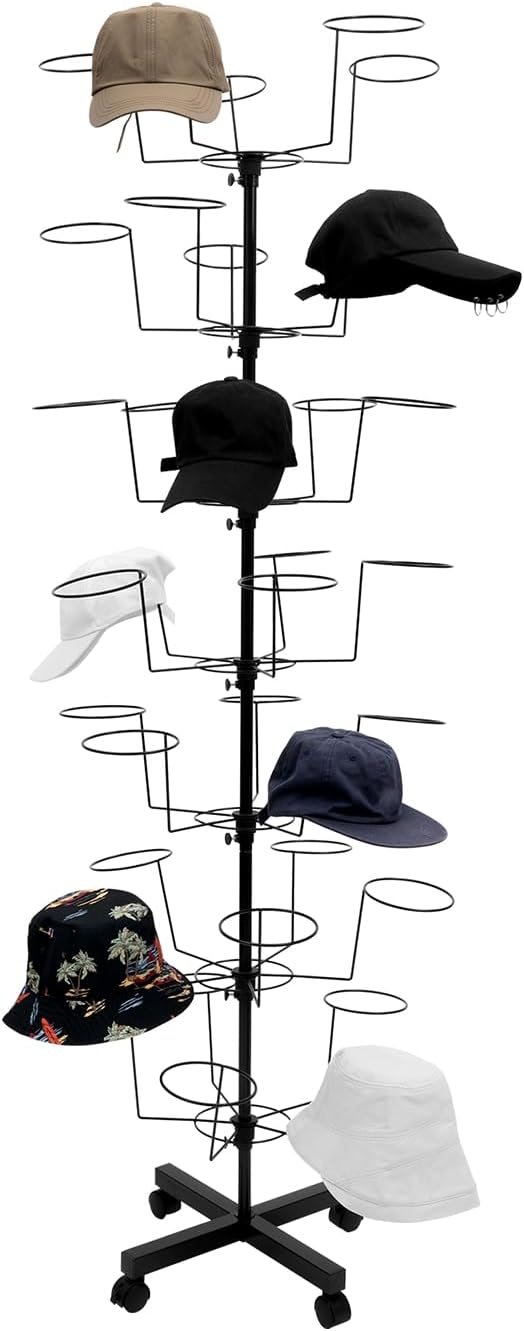 7-Tier Rotating Hat Display Rack, 35 Hooks Adjustable Metal Freestanding Hat Rack Stand Hat Holders Hat Display with Wheels, Hat Hanger Display Tower for Wig, Cap, Baseball Hat(7-Tier, Black)
