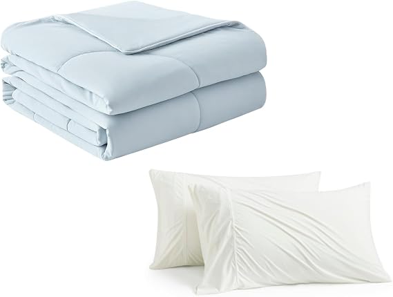 Cozy Bliss Cooling Pillowcases White 20 * 30 and Cooling Comforter Blue Queen Size 90 * 90