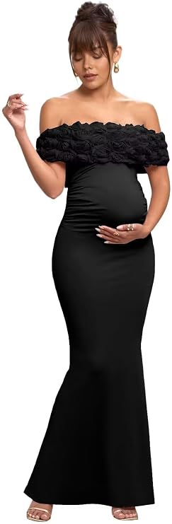Changuan Mermaid Maternity Dress for Photoshoot Off Shoulder 3D Flower Baby Shower Bridal Pregnancy Photography Dress