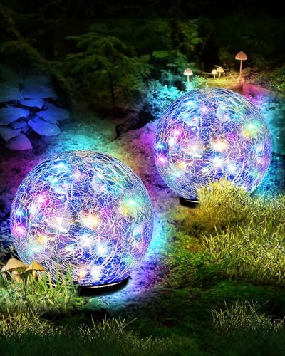 Garden Solar Ball Lights Outdoor Waterproof, 50 LED Cracked Glass Globe Solar Power Ground Lights for Path Yard Patio Lawn, Outdoor Decoration Landscape Colorful2 Pack 4.7