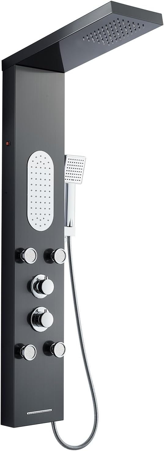 Stainless Steel LED Shower Tower Column Panel 5 Function 5 in 1 Shower System with Overhead Rainfall, 2 Body Massage, Handheld Shower, Waterfall Bath Spout, Stainless Steel Black Finish