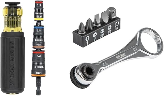 Klein Tools Impact Driver 7-in-1 Flip Socket Set with Handle and 5-Piece Mini Ratchet Set for Tight Spaces