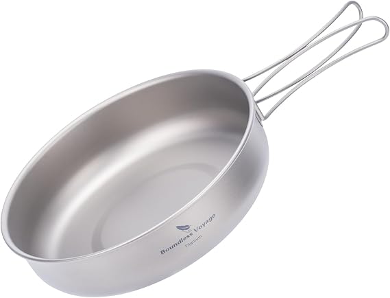 iBasingo 18cm Camping Titanium Frying Pan with Folding Handle Lightweight Outdoor Travel Picnic Skillet Kitchen Cooking Kit Hiking Backpacking Cookware Ti2063C