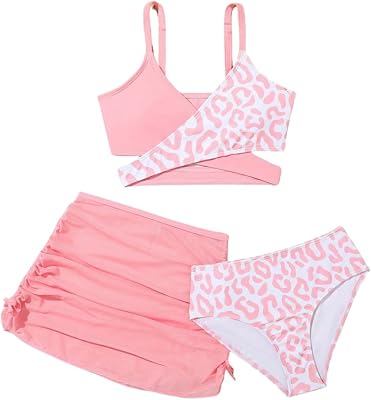 Girls Swimsuits 3 Piece Bathing Suit Leopard Printed Bikini Set with Cover Up Skirt Summer Beach Swimwear 6-15 Years