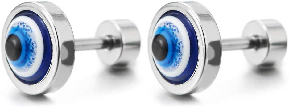 Mens Womens Stainless Steel Evil Eye Circle Stud Earrings with Resin, Screw Back, 2pcs