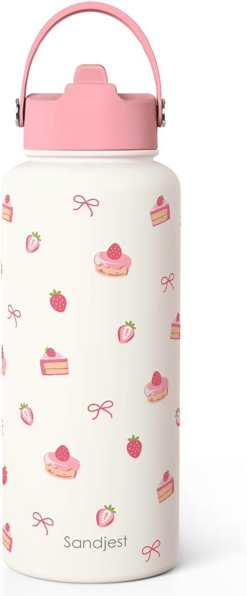 Strawberry Cakes Water Bottle Stainless Steel 32oz with Lid & Straw, Sweets Desserts Aesthetic Insulated Bottles Gifts for Baker Girls Friends Teens Birthday Christmas
