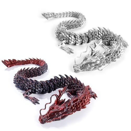 2PCS 12 Inch 3D Printed Dragon Toys,3D Printed Animals,Crystal Dragon Fidget Toy for Kids Ages 3, Desk Pet Dragon Toy Silver  Black Red