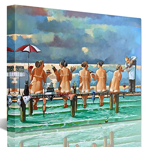 Ronald West Canvas Wall Art: Beach Girls Picture Ocean Seascape Painting - Bathroom Beach Decor - 12x18"