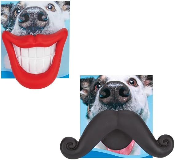 PUREPET Dog Toy Funny Face Easy Chew Soft Latex Squeaker Red Happy Smile Black Moustache (Set of Both Toys)