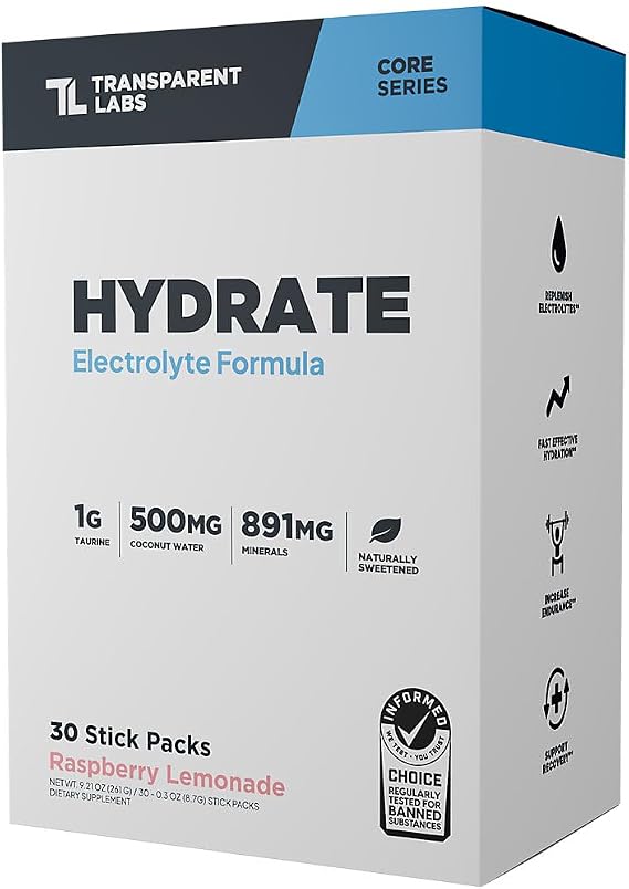 Transparent Labs Hydrate Electrolyte Formula - 500 mg Coconut Water - Raspberry Lemonade (30 Stick Packs)