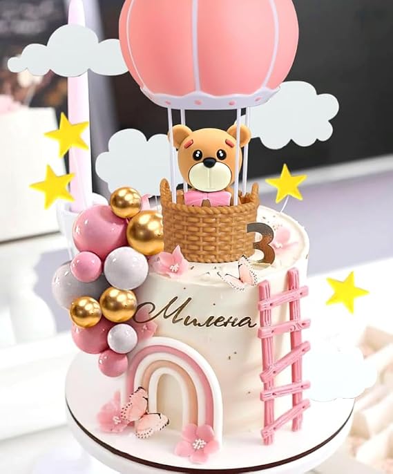LaVenty Pink Hot Air Balloons Cake Decoration Bear Baby Shower Decoration | Pink Hot Air Balloons Cake Decoration Bear Cake Decoration Baby Bear Baby Shower Cake Topper Baby Shower Birthday Cake