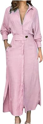 Causal Shirt Dress Women Fashion Shirt Collar Loose Cotton Linen Long Sleeve Cardigan Dress Slim Fit High Waist Dress