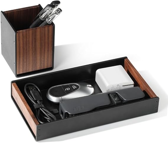 Walnut Drawer Storage Tray with Pen Holder, Desktop Office Organiser