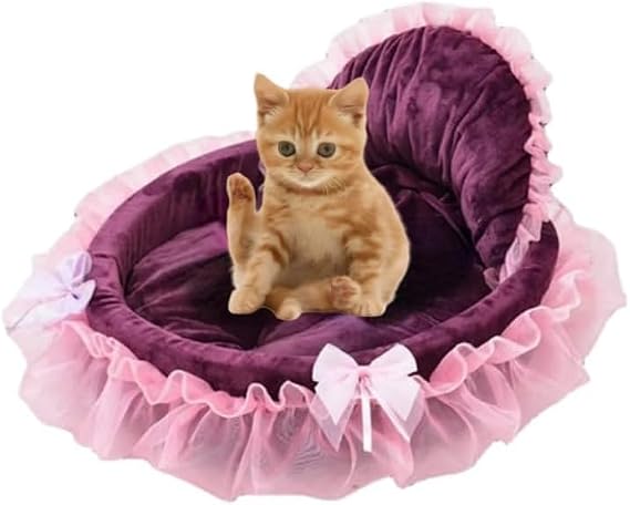 Cute Cat Bed Heart Shaped Cat Bed Lace Princess Bed Cotton Velvet Warm Soft Cat Sofa Bed, Suitable for Cats and Dogs to Have Warm Winter Purple,S