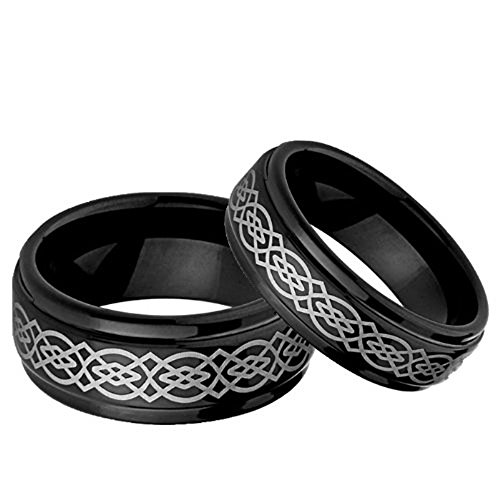 Wedding Rings for Him and Her - 8MM & 6MM Black Tungsten Carbide Laser Etched Celtic Design - Couple Rings Set - Wedding Bands for Couples - Wedding Band Sets for Couples