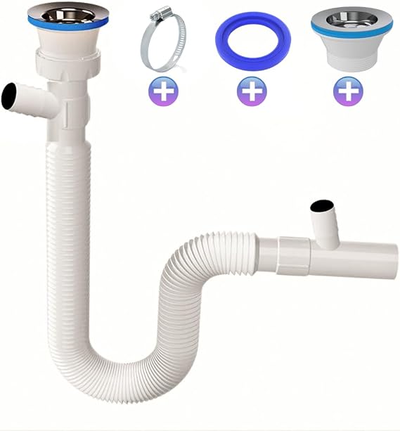 GÜÇLÜ Lavabo için esnek tahliye hortumu, çift çamaşır makinesi, bulaşık makinesi – sifon – 1 1/4 inç x 32 mm banyo – gider borusu, çıkarılabilir oluklu hortum – lavabo – 2 boru kelepçesi