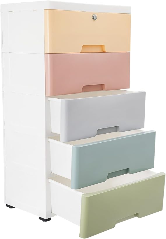 5-Tier Plastic Storage Cabinet with Wheels, 5-Drawer Vertical Organizer for Clothes & Home, 11.4"D x 17.1"W x 31.5"H, Macaron Color for Bedroom