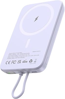AsperX Magnetic Power Bank, 10000mAh Magnetic Portable Charger with USB-C Cable and Smart LCD Display, Magnetic Battery Pack Compatible with iPhone 171615141312 Series, Purple