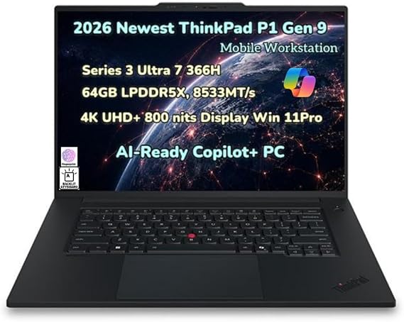 2026 New ThinkPad P1 Gen 9 Mobile Workstation Laptop 16" UHD+ (3840x2400) Display Series 3 Ultra 7 366H Processor 64GB RAM 2TB SSD Gen5 RTX PRO 2000 Blackwell GDDR7 Graphic RGB IR Cam WiFi7 Win 11 Pro