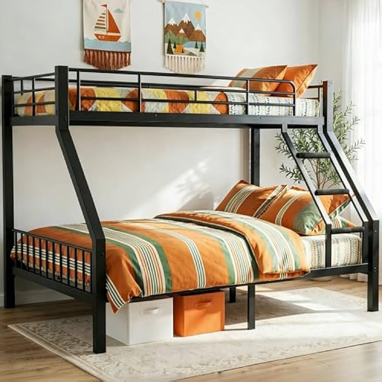 Mixcous Twin XL Over Queen Bunk Bed for Adults, Heavy Duty Metal Bunk Beds with Safety Guardrails & EVA Padded Ladder, Twin XL Over Queen Bunk Beds Frame with Noise-Free Slats, Space-SavingBlack