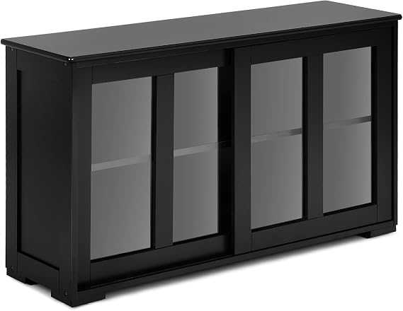 GLOBALWAY, Stackable Storage Cabinet with Height Adjustable Shelves & Glass Sliding Doors, Cupboard Server Buffet Console Kitchen Sideboard, Black