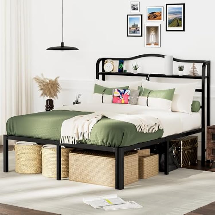 Full Size Bed Frame with Headboard Full Bed Base No Box Spring Needed 14 Inch Tall Black Metal Bed Frame with Charging Station and Large Storage Space,Heavy Duty & Anti Noisy 14 Inch, Full